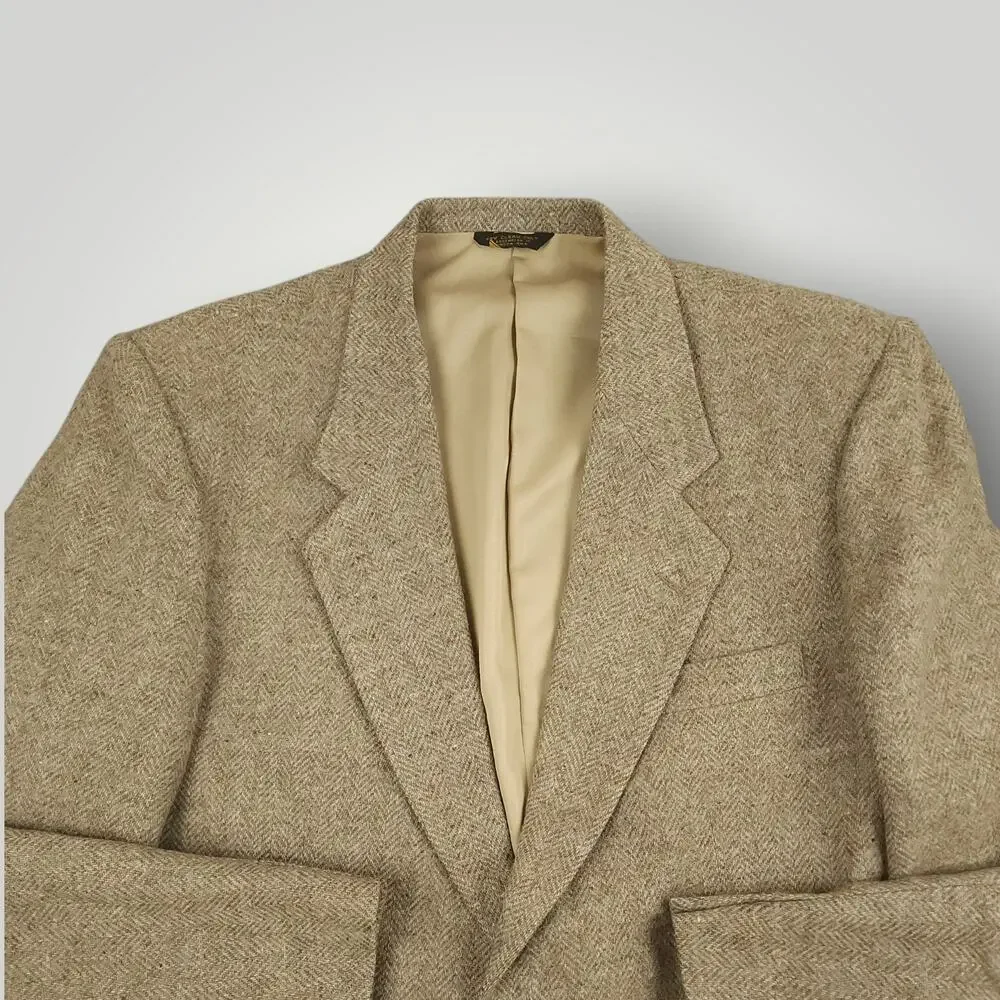 Vtg Ivy Style Tweed Wool Sack Jacket Mens 42L Herringbone Wide Lapel 90s Y2K Tan